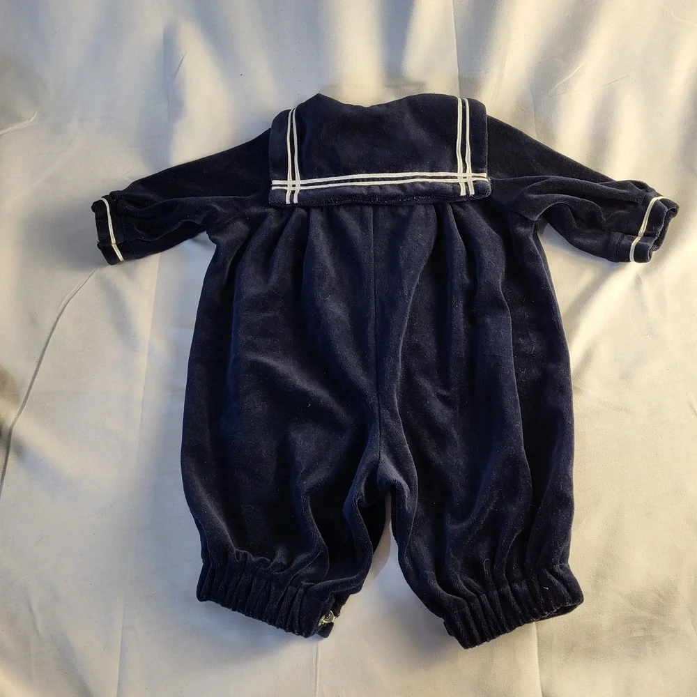 Vintage 3-6 Month Good Lad Sailor Navy Blue Velvet One Piece with Hat